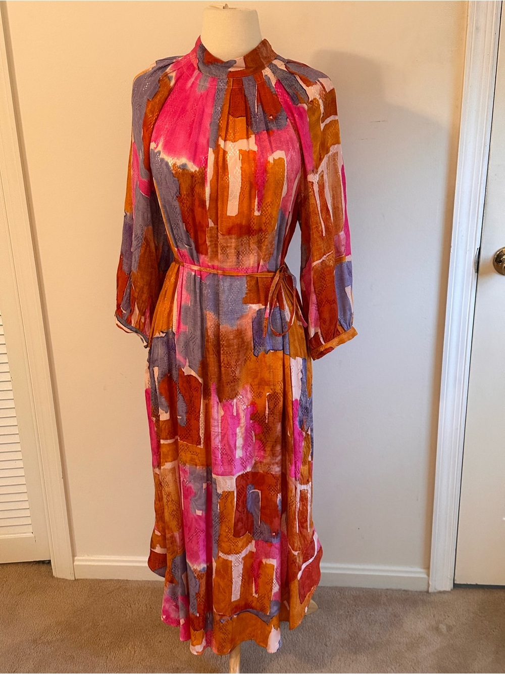 Anthropologie Abstract Maxi Dress - Pink, Rust & Lavender